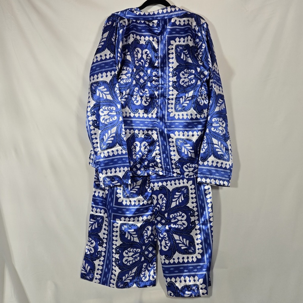 Alex & Parker Blue And White Satin Lounge Set | Women's Size Large - Picture 2 of 16